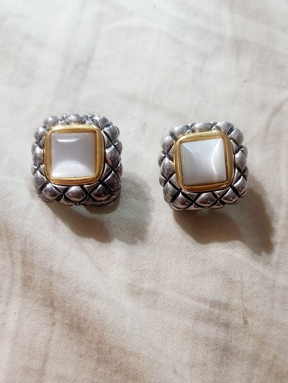 Premier Designs Silver & Gold Tone Square Stud Earrings with White Stone Center